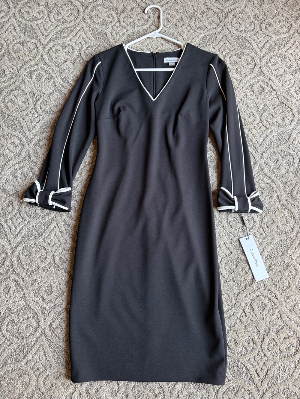 NWT Calvin Klein Black V-Neck Sheath Dress with Contrast Trim